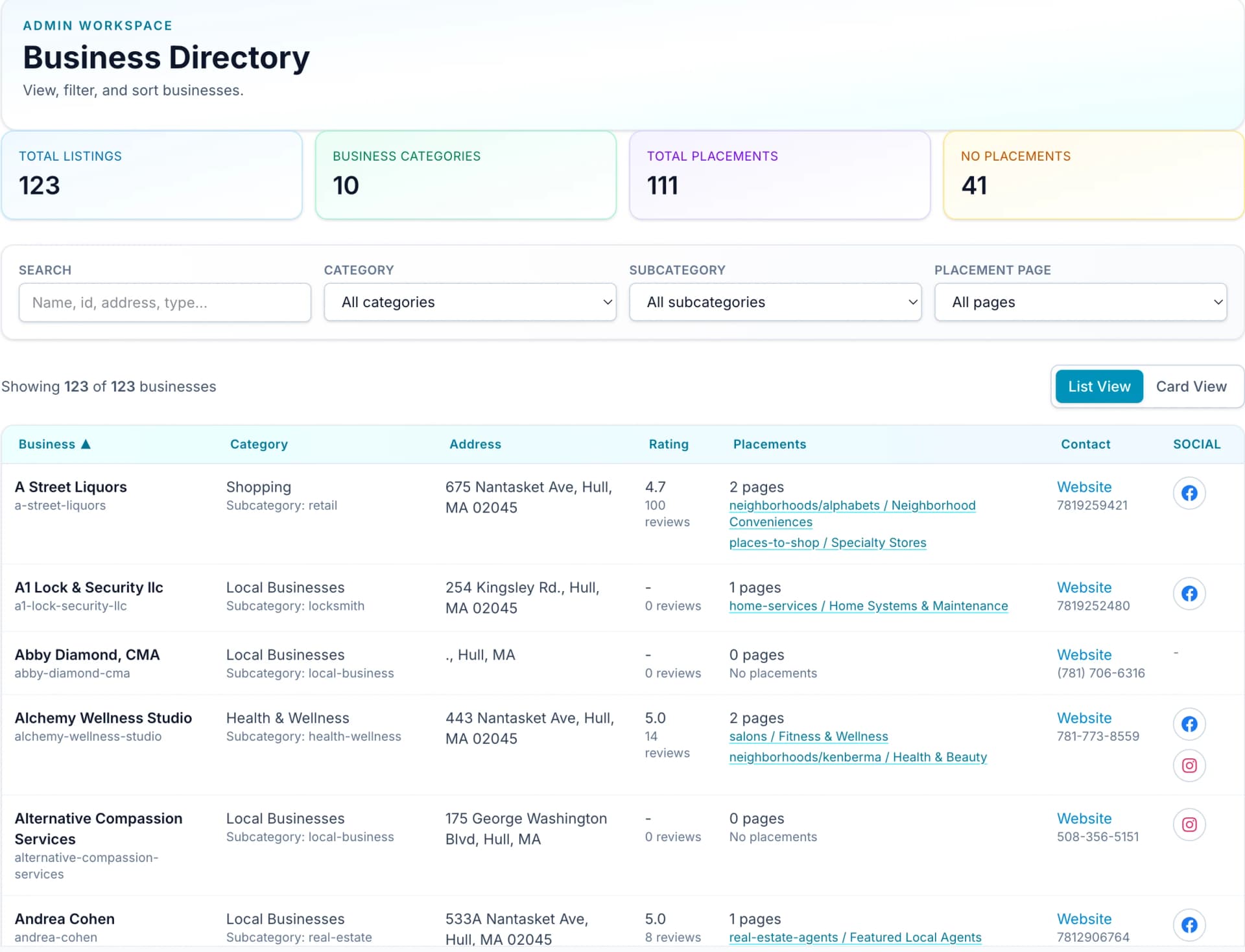 Business Directory sample in list view