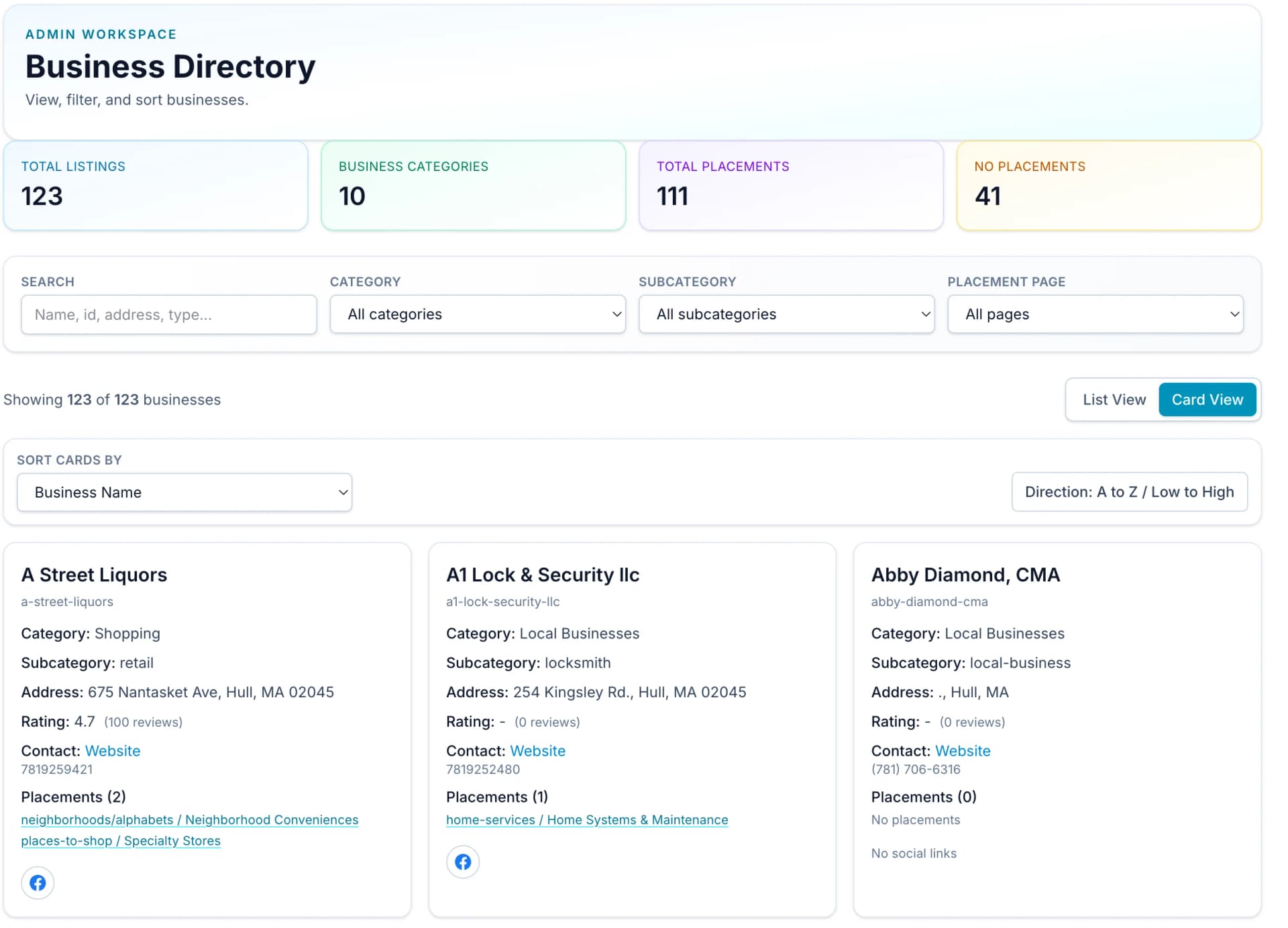 Business Directory sample in card view