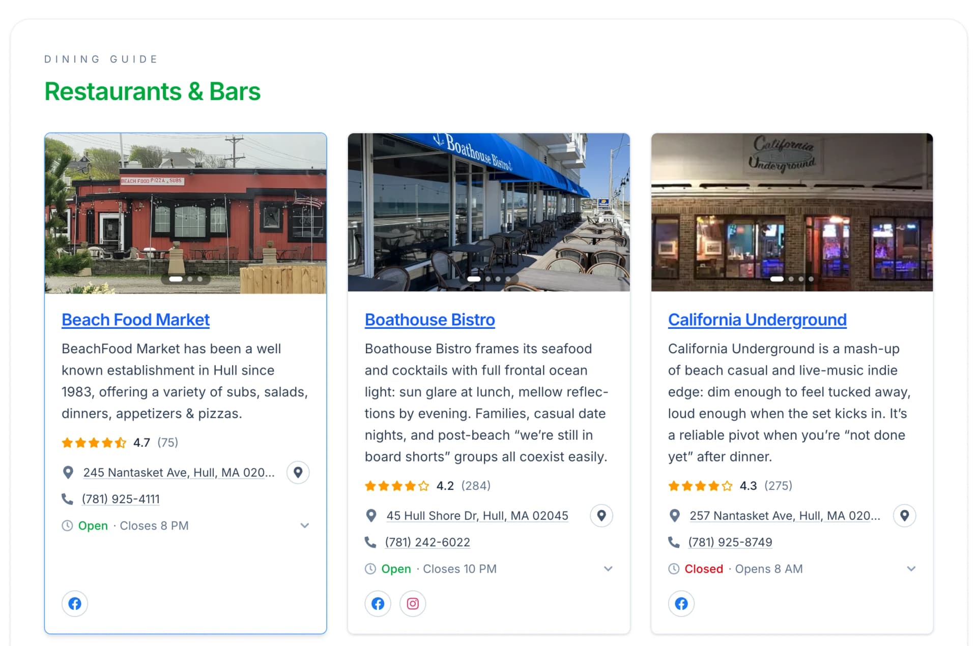 HullNext dine listing cards